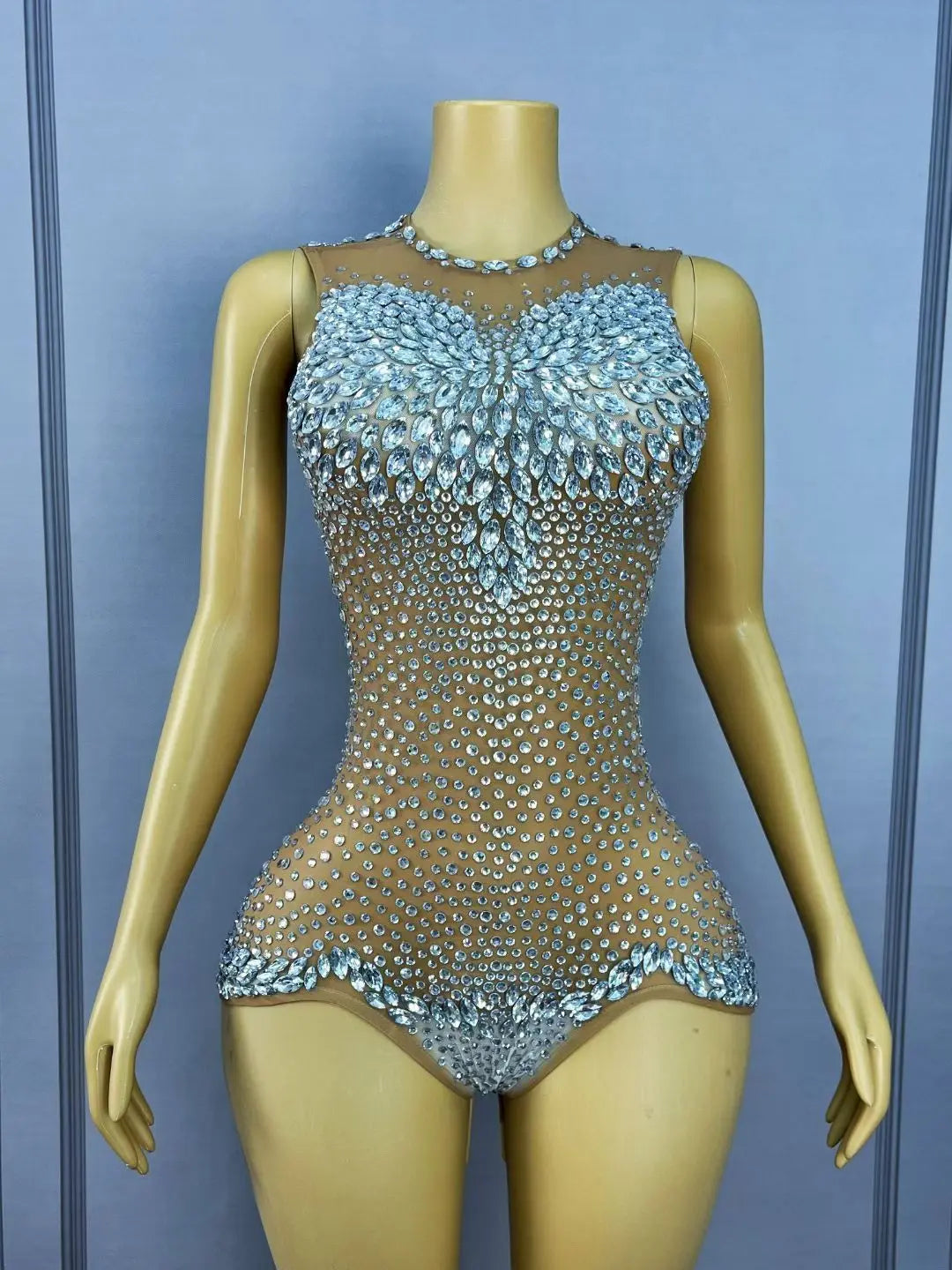 Sparkly Rhinestone Sheer Mesh Bodysuit Backless Stage Costume Leotard