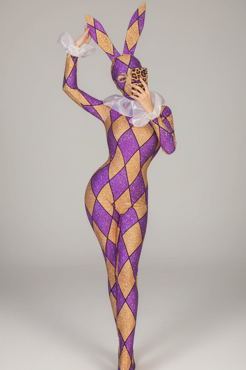 Futuristic Geometric Rhinestone Bunny Bodysuit – Luxury Showgirl Stage Costume & Exotic Festival Leotard with Statement Collar