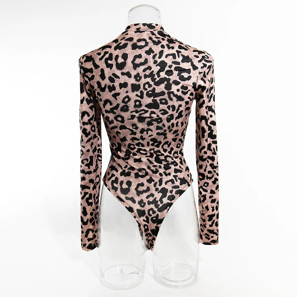 Leopard Print Sheer Mesh Corset Bodysuit Long Sleeve Stage Performance Dancewear