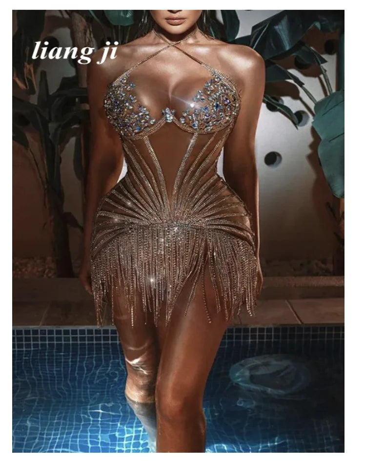 One-Piece Crystal Fringe Chain Dress
