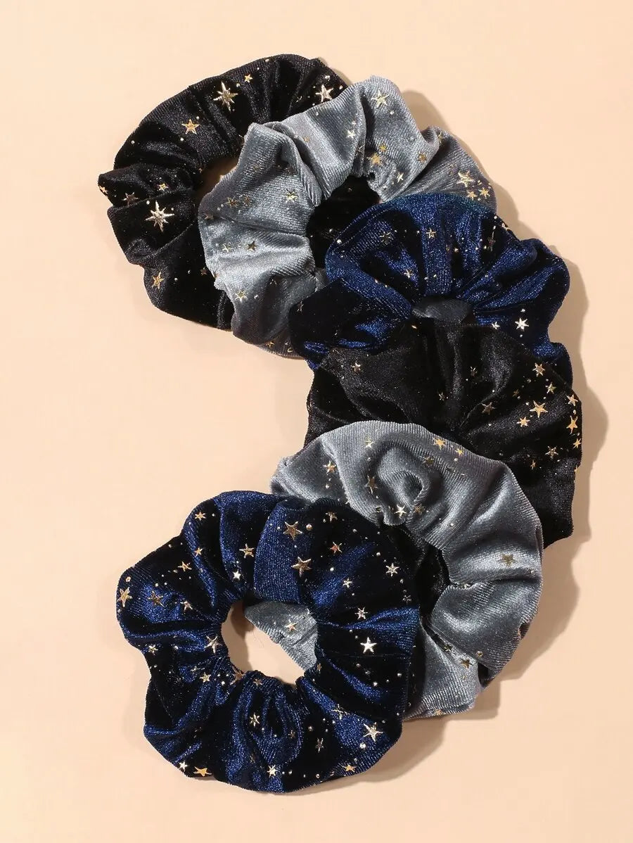 Vintage-Inspired Velvet Gold Star Hair Scrunchies 6-Piece Set