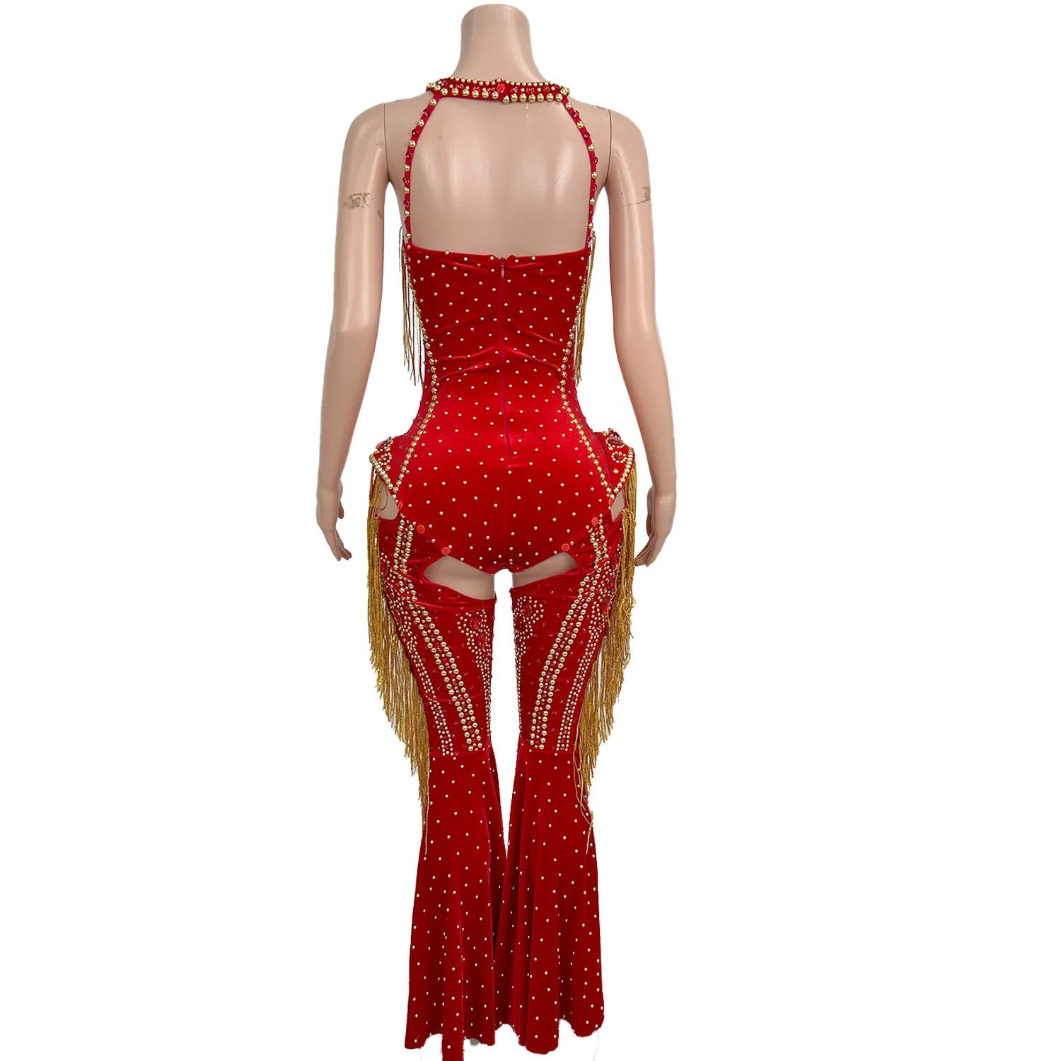 Rhinestone Tassel Hollow-Out Jumpsuit & Stage Performance Dance Romper