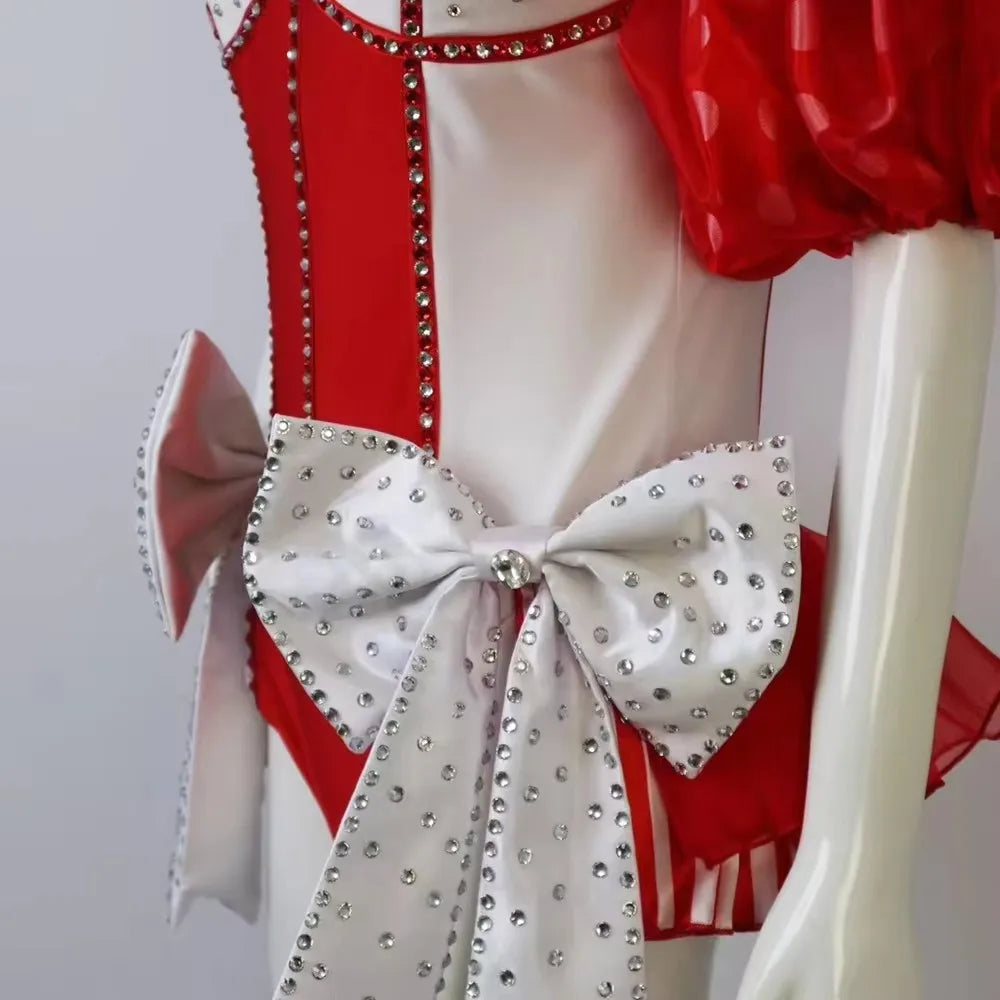Red White Bow Rhinestones Bodysuit Women Candy Striped Headgear Costume Nightclub Dancer Team Performance Outfit