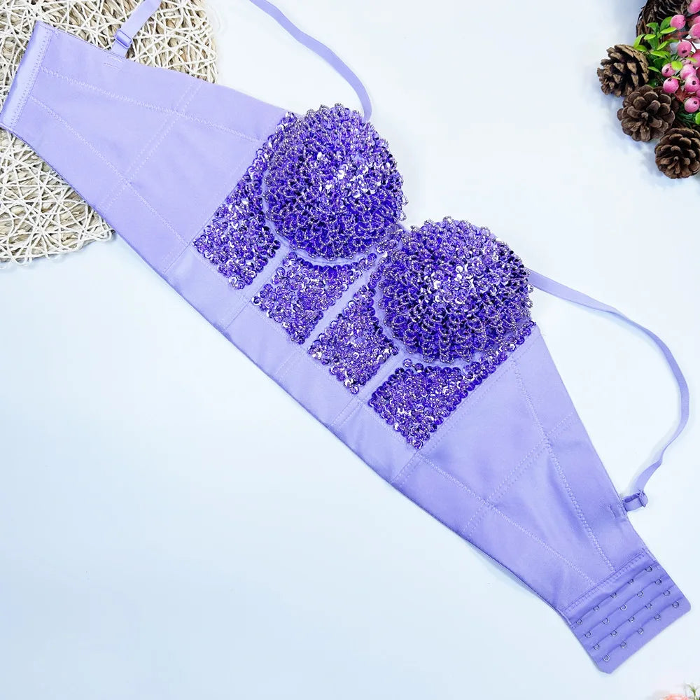 Gold Beaded Sequin Embroidery Bustier Corset Crop Top Party Bralette