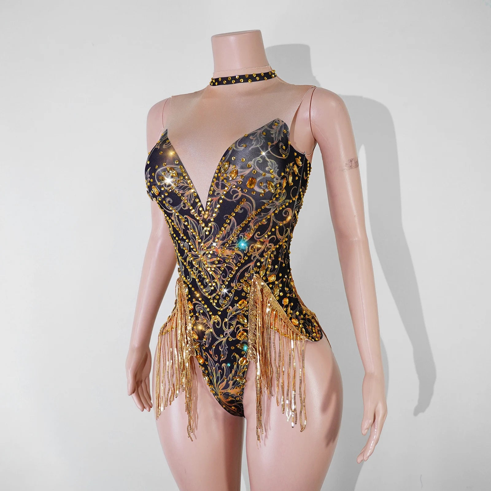 Gold Sequin Halter Bodysuit & Beaded Tassel Fringe Latin Dance Stage Costume