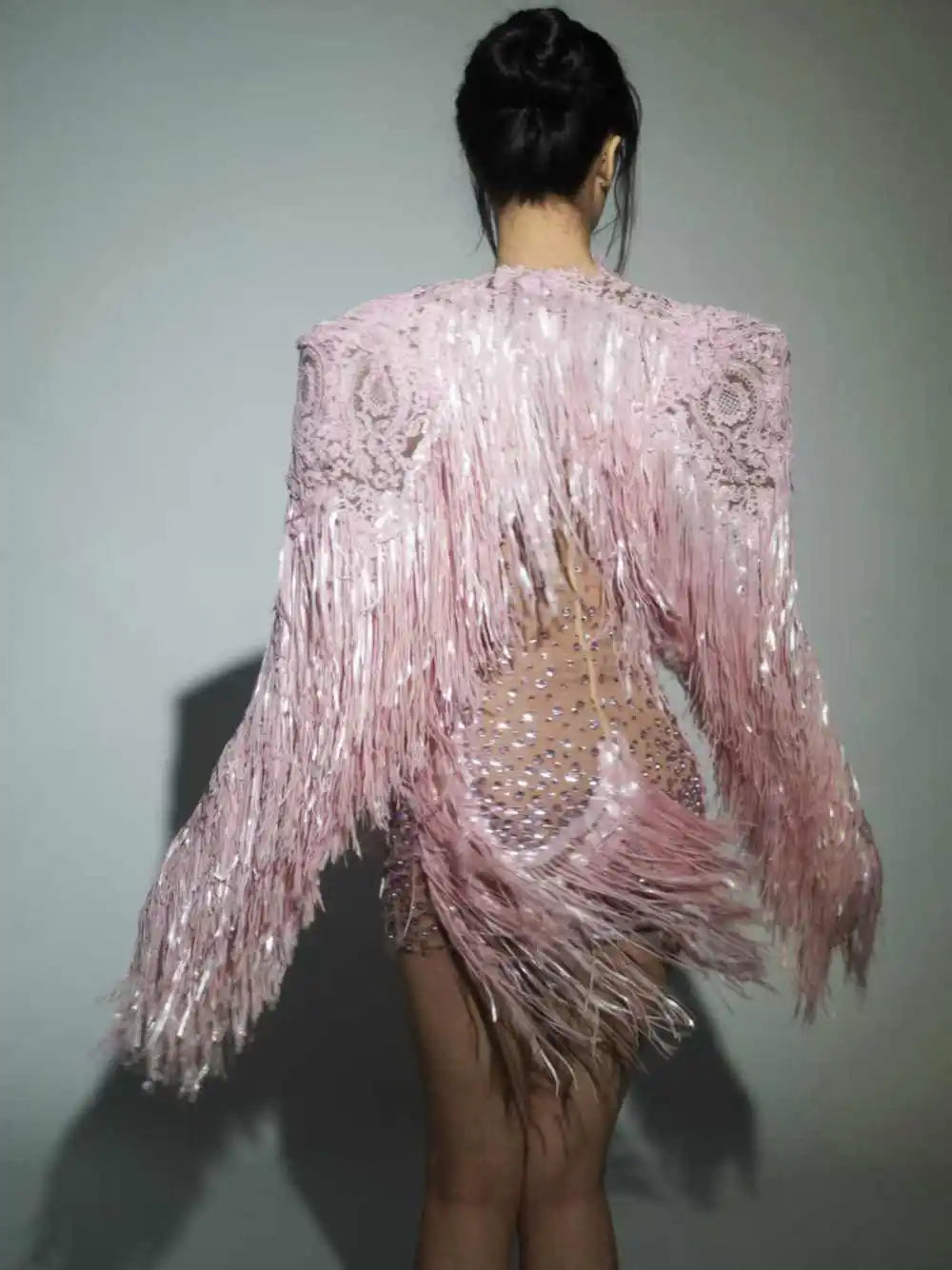 Rhinestone Sequin Fringe Mini Dress & Feather Shawl 2-Piece Stage Costume Set