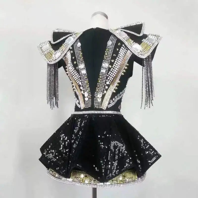 Sparkly Crystal & Rhinestone Armor Bodysuit & Dress Stage Performance Costume