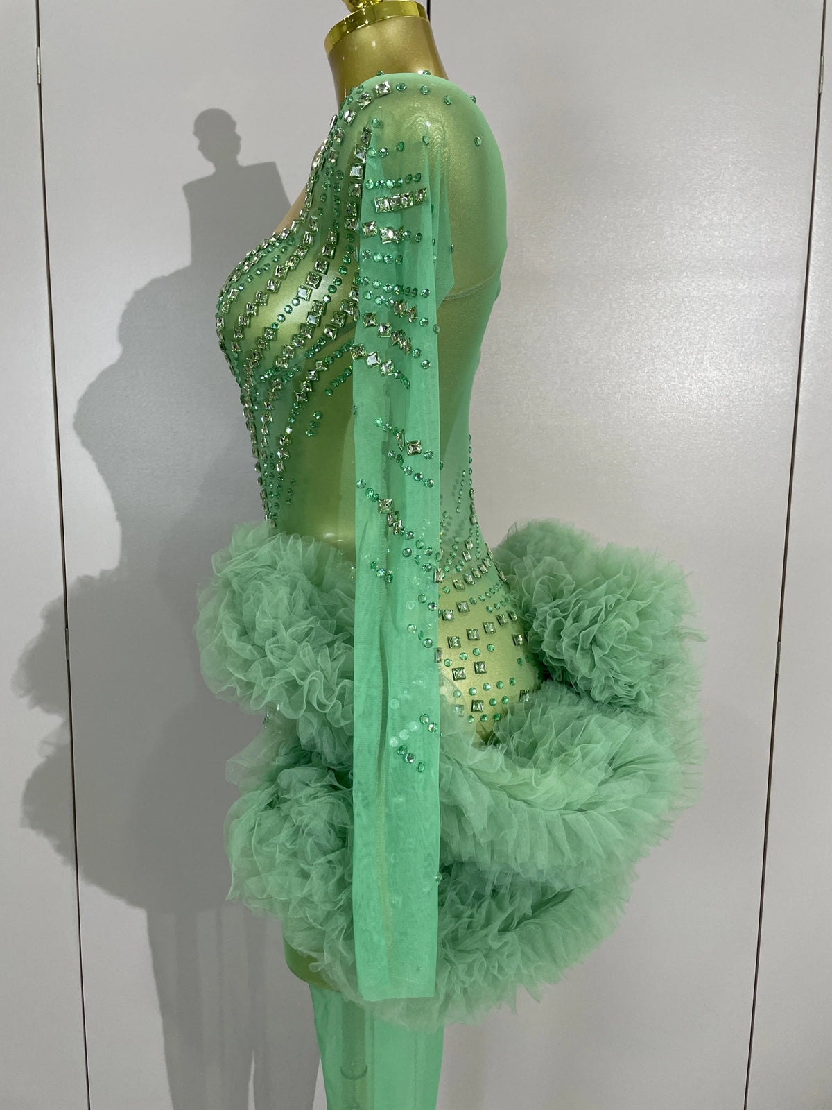Green Rhinestone Mesh Performance Jumpsuit