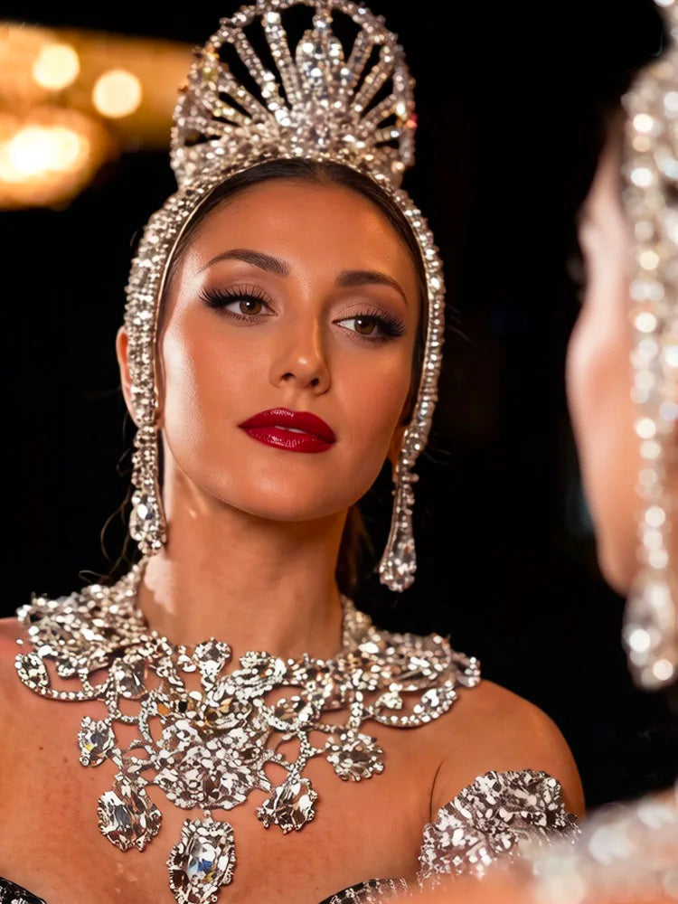 Oversized Crystal Rhinestone Crown Tiara Showgirl Pageant Headpiece