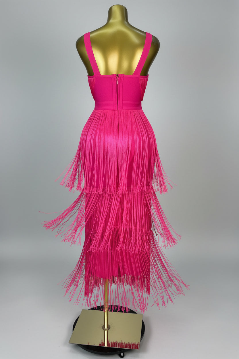 Hot Pink Asymmetrical Fringe Bandage Midi Dress & One-Shoulder Gala Party Dress