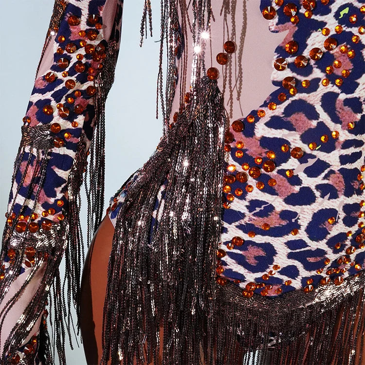 Leopard Sequin Fringe Asymmetrical Bodysuit One-Sleeve Stage Performance Costume