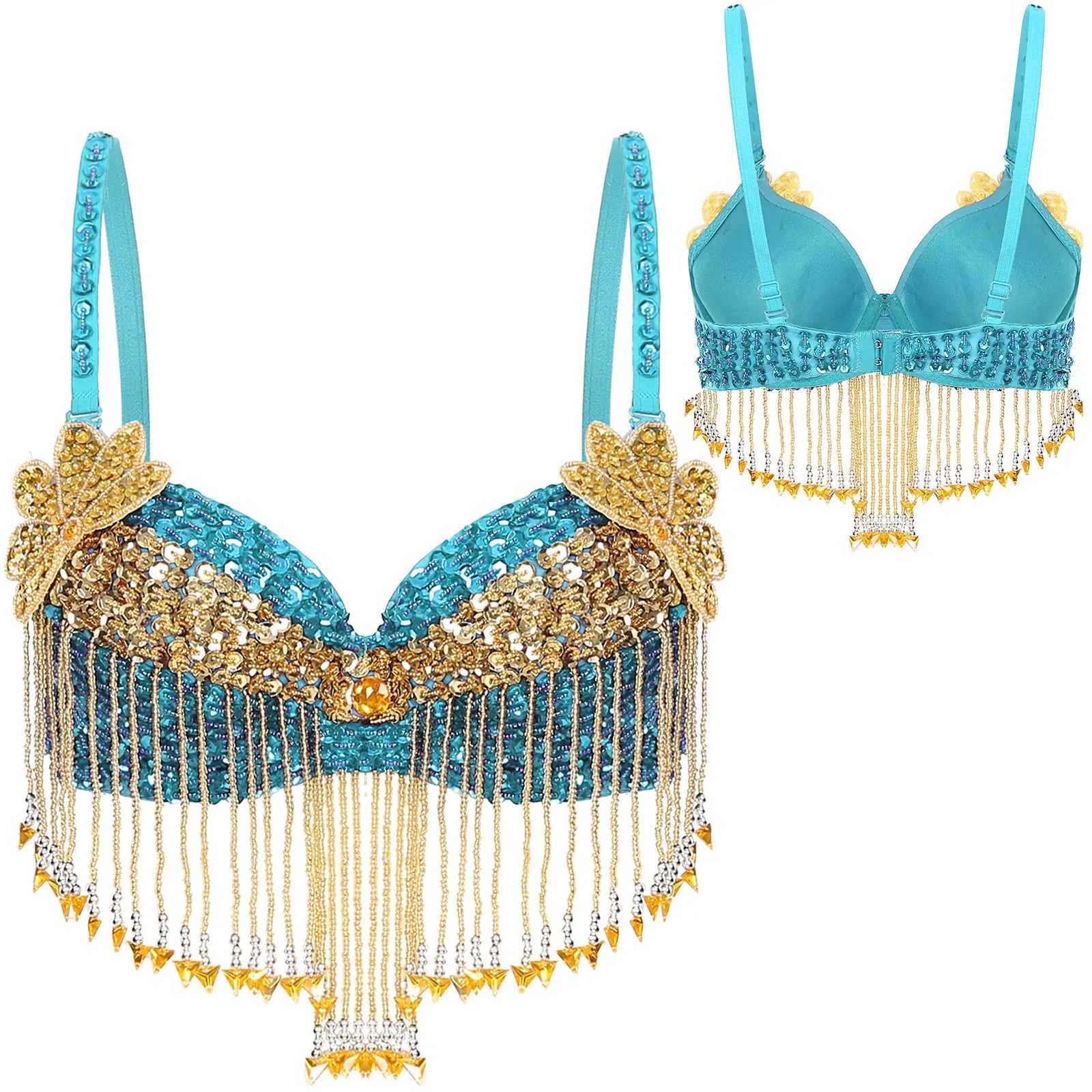 Sparkly Floral Beaded Sequin Belly Dance Bra & Tassel Performance Top