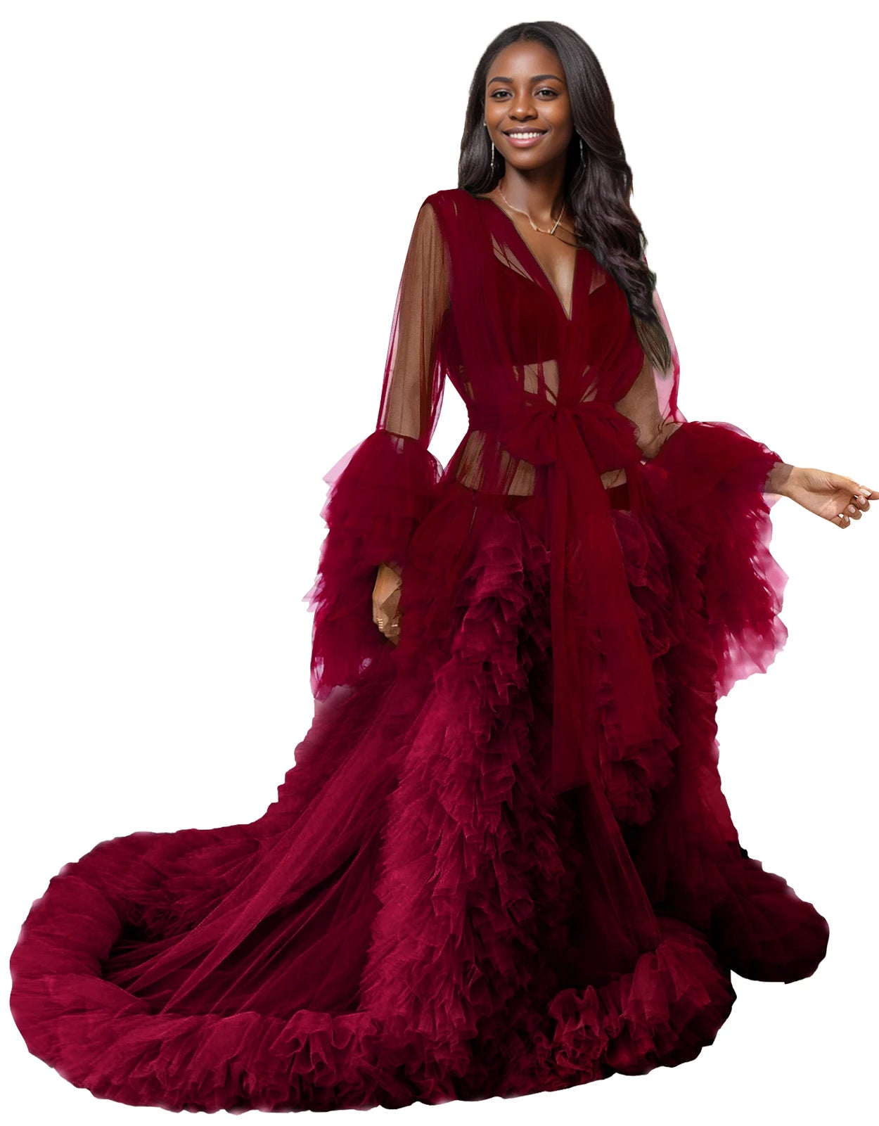 Voluminous Illusion Tulle Ruffle Long Robe Dressing Gown
