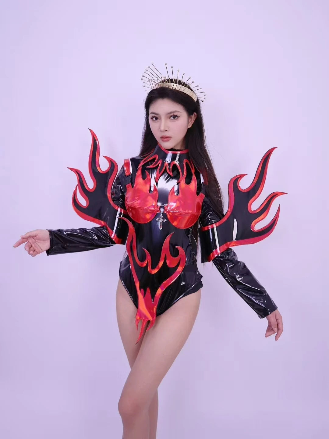 Flame Patent Leather Bodysuit & Sculpted Wing Shoulders 2-Piece Stage Costume Set