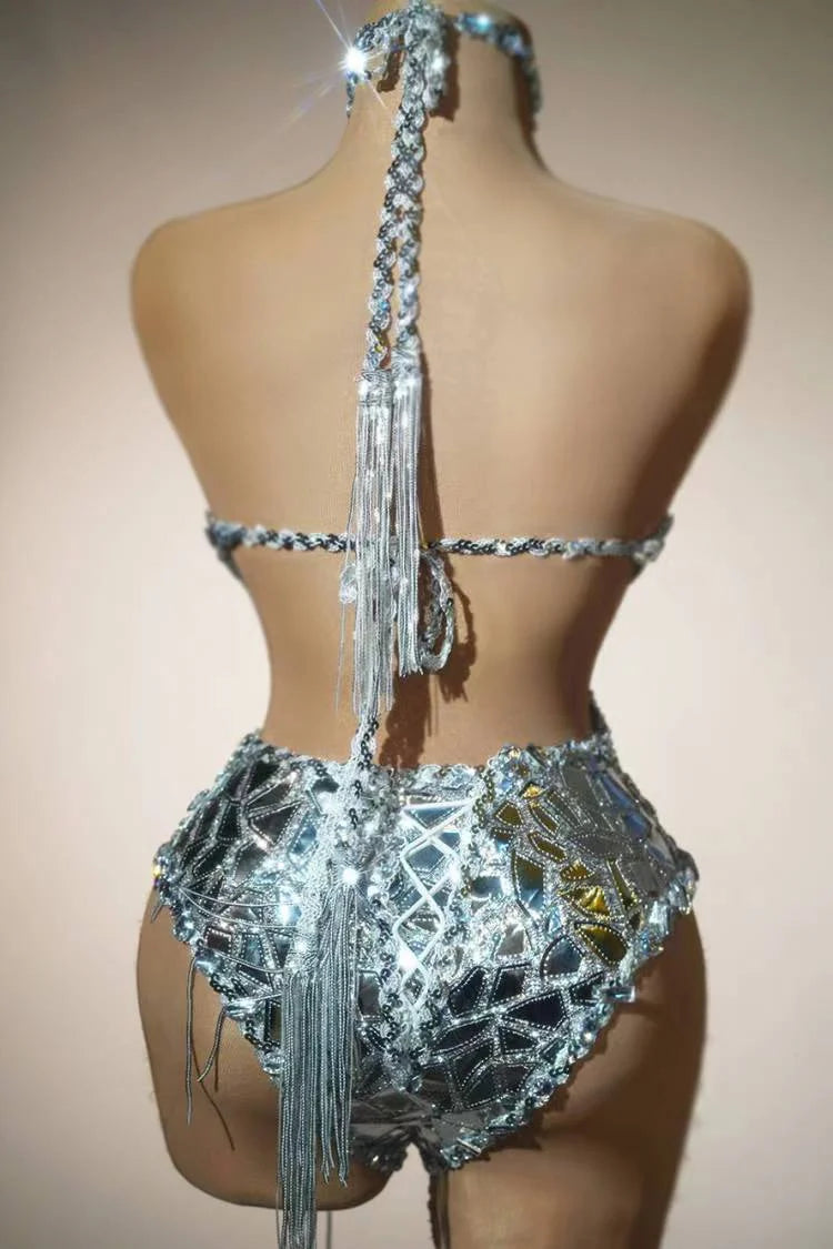 Silver Mirror Asymmetrical Bodysuit, Sculpted Captain Hat & Puffer Bolero Coat 3-Piece Stage Costume Set