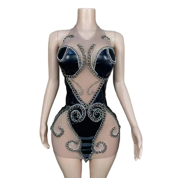 Black Mesh Chain Backless Dress for Women | Showgirl Stage Costume