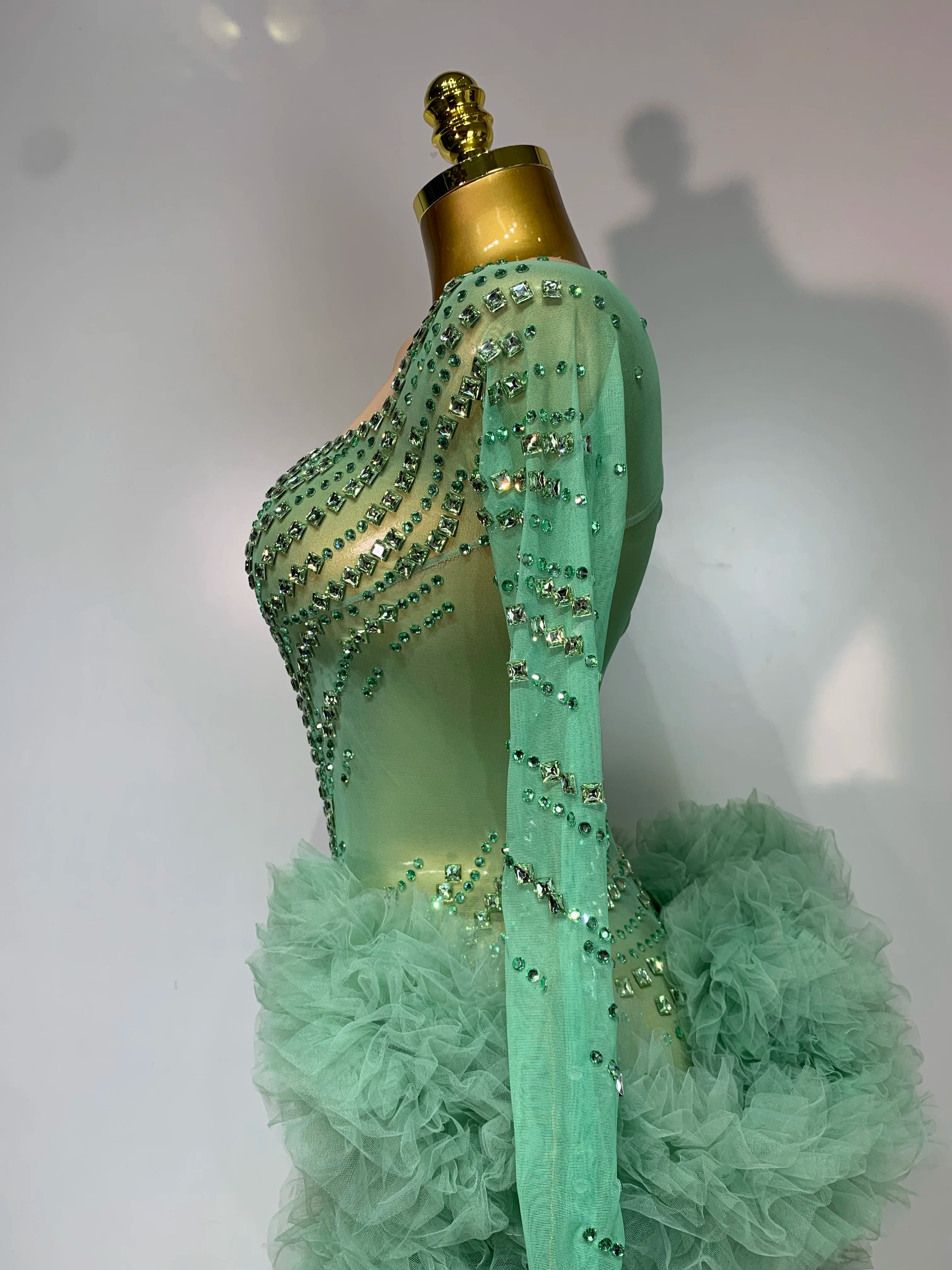 Luxury Green Diamonds Mesh See-Through Long Sleeve Jumpsuit Stage Performance Costume