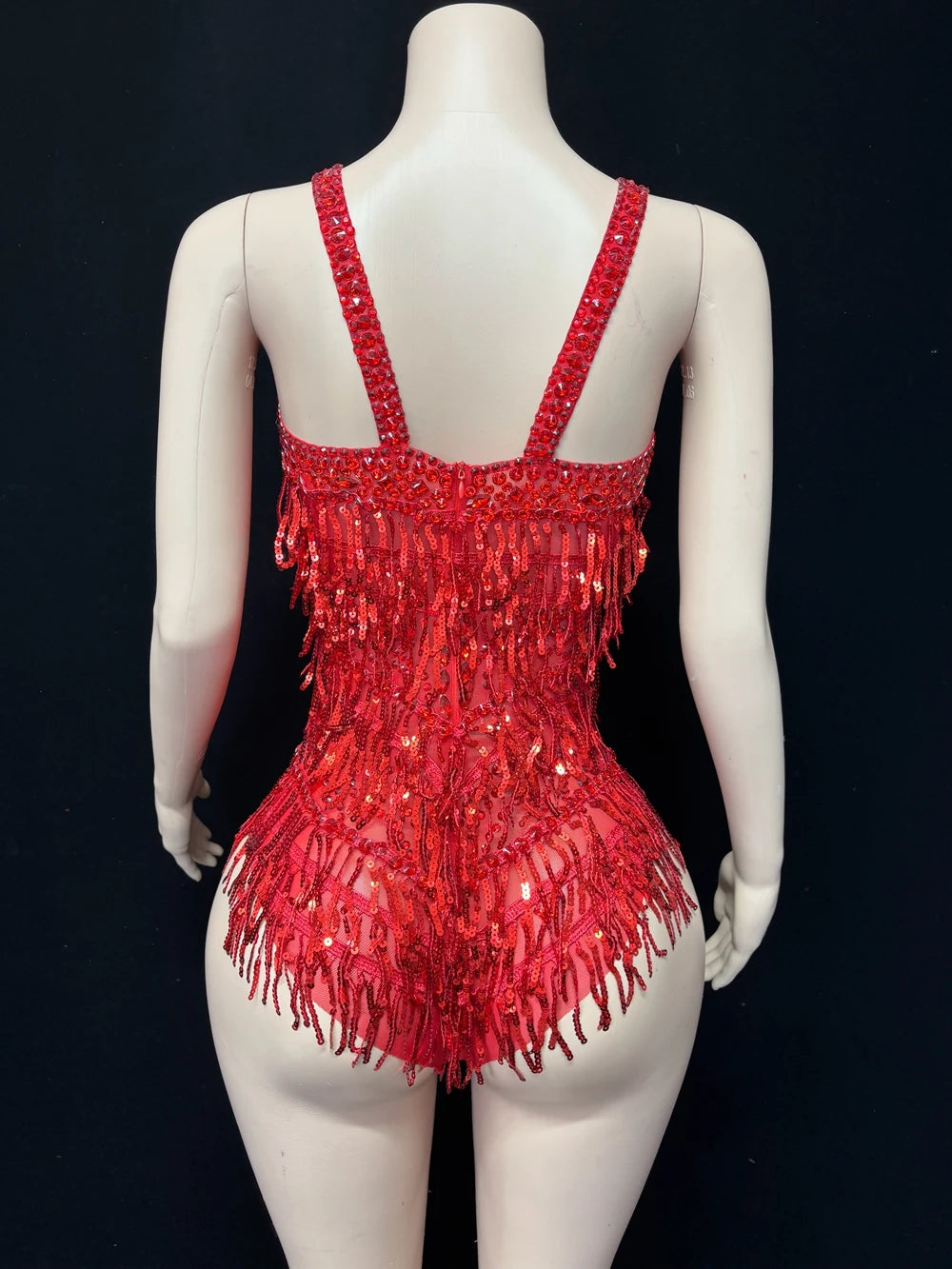 Sparkly Rhinestone & Tassel Bodysuit Stage Performance Dance Costume