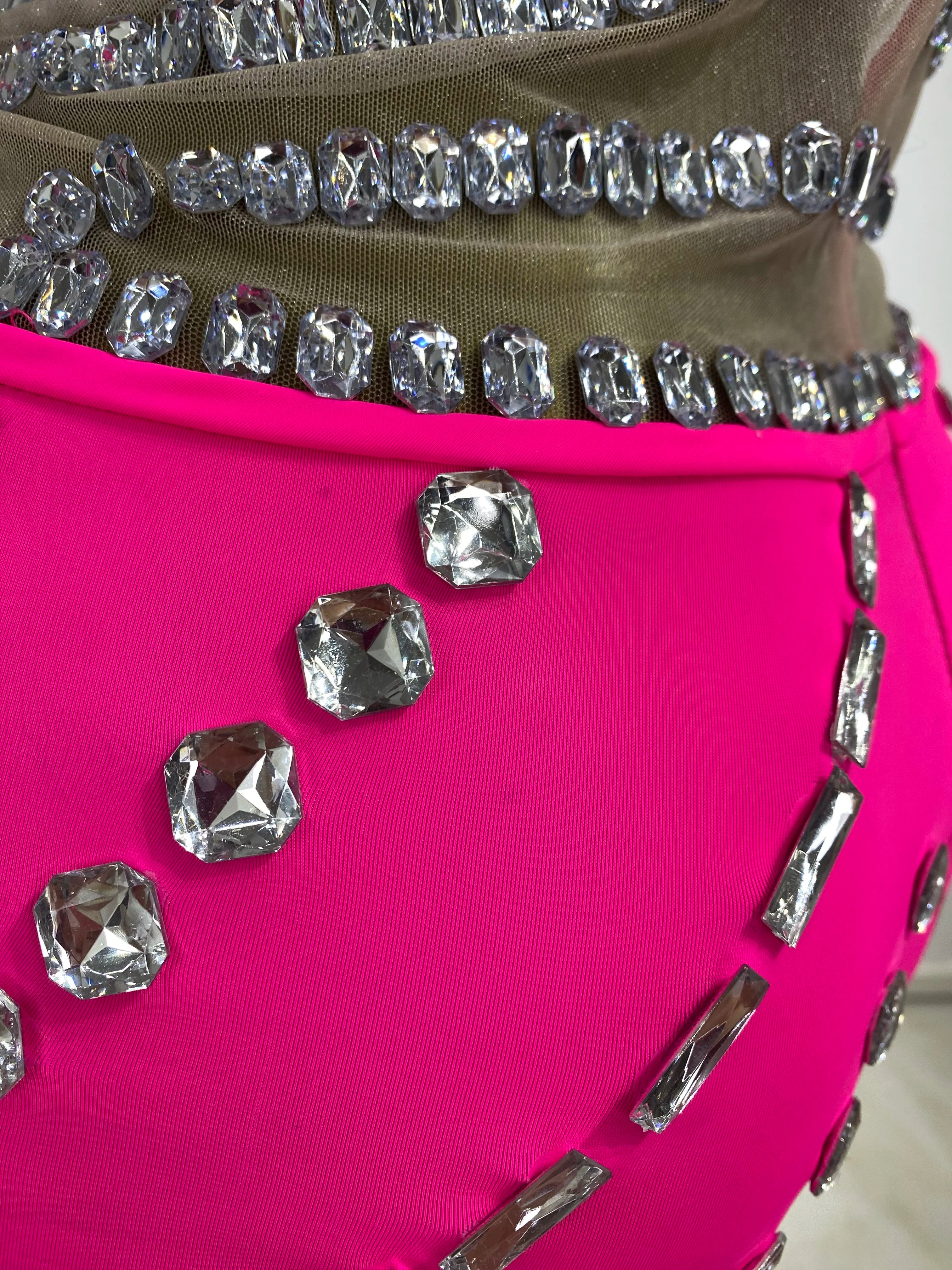 Hot Pink Rhinestone & Tulle Inset Open-Leg Maxi Evening Gown