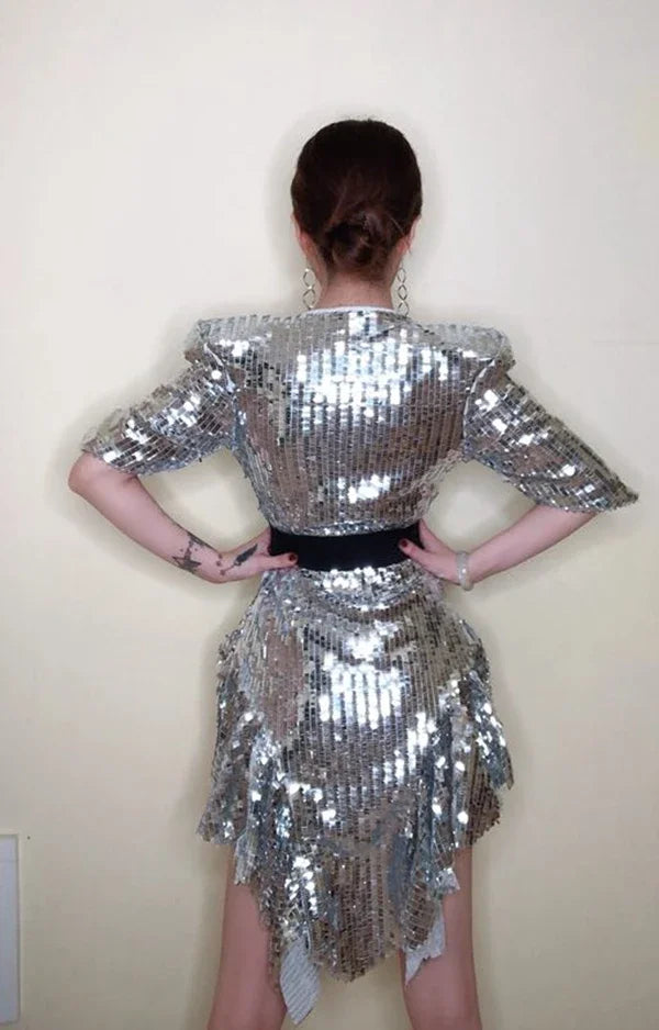 Sequined Shoulder Pad Tuxedo Leotard & Stage Performance Costume
