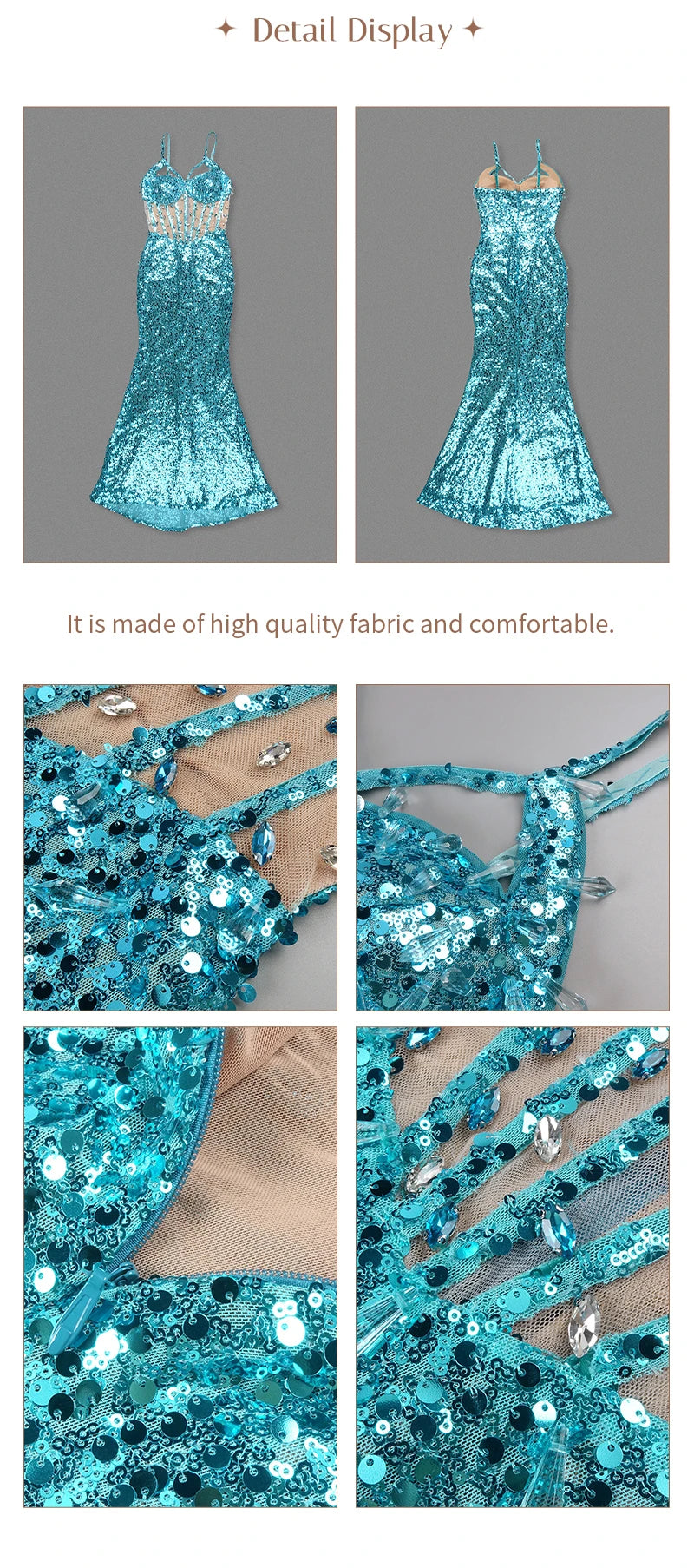 Cyan Sequin & Crystal Cross-Strap Gown