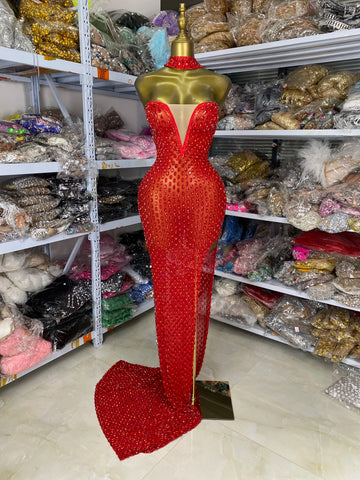 Crimson Red Rhinestone Sweetheart Slit Gown Floor-Length Trailing Evening Dress