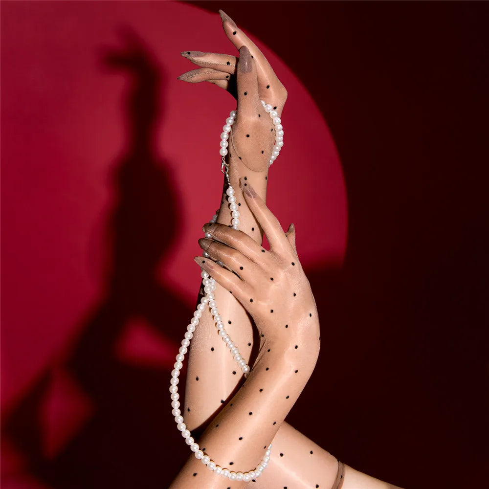 Sexy Women 1D Dot Ultra Thin Five Finger Long Glove Oil Shiny Glossy Sun Protection Glove Elastic Party Wedding Luxury Glove