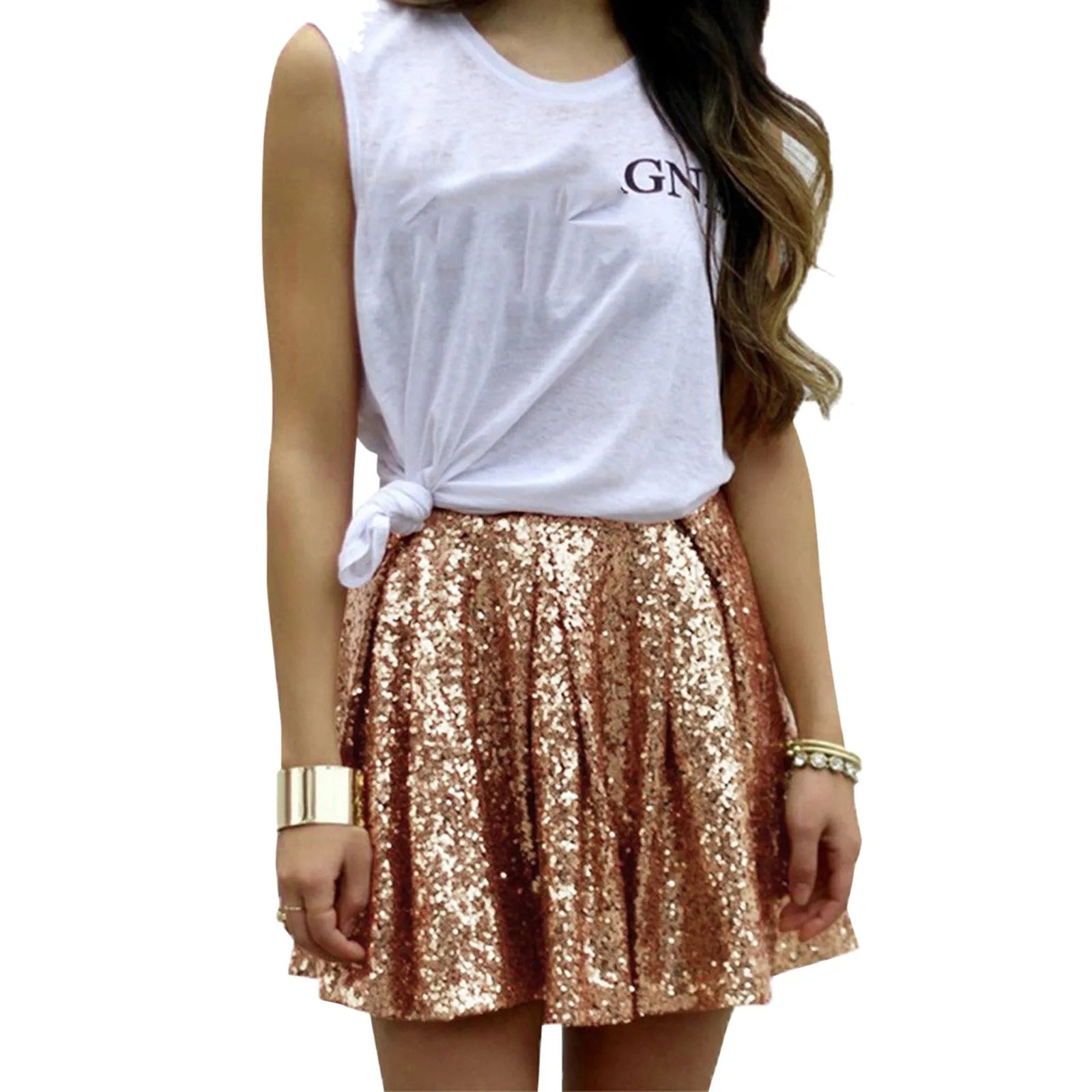 Sequin High Waist Pleated A-Line Skirt