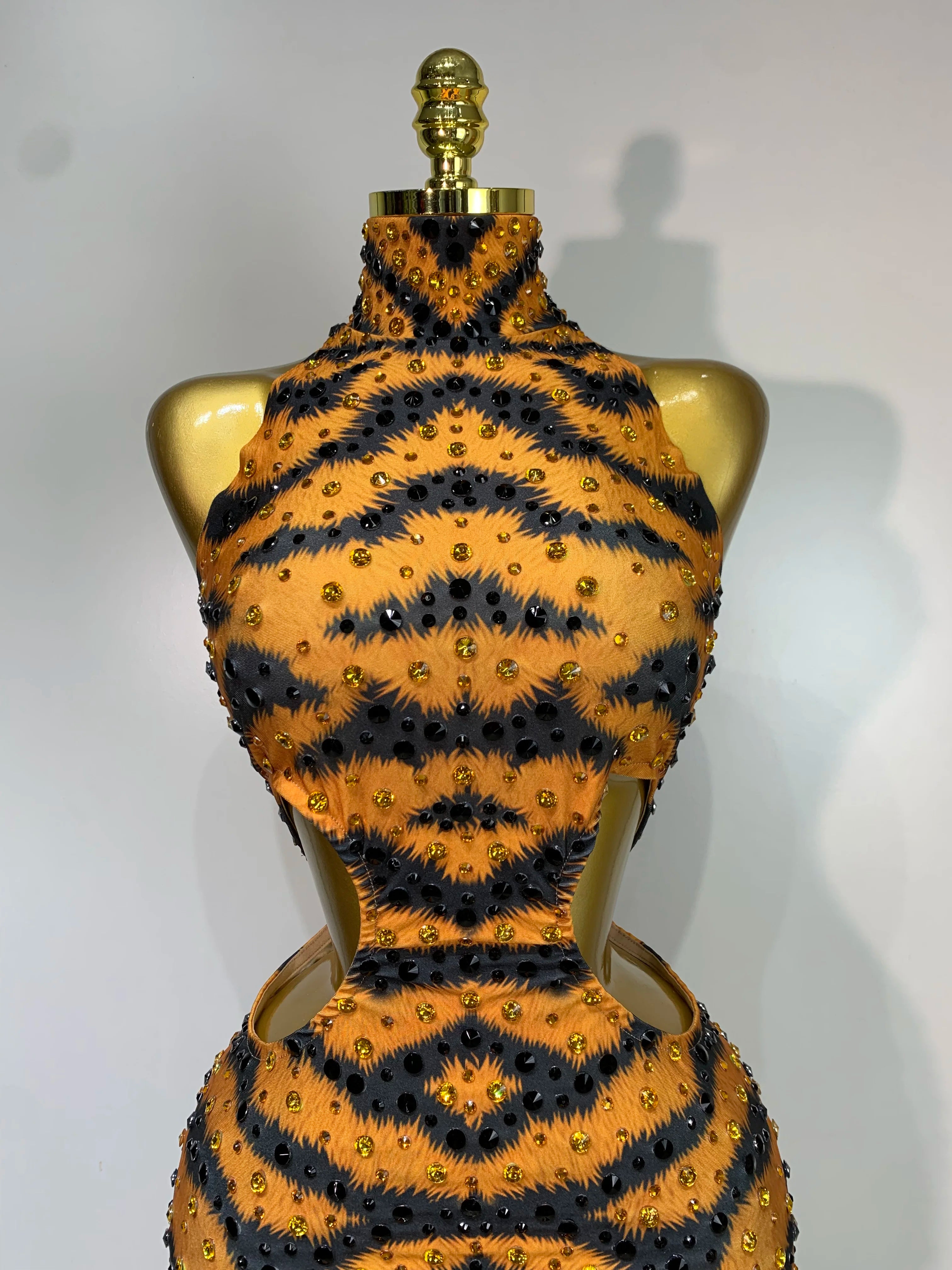 Sparkly Rhinestone Tiger Pattern Bodycon Jumpsuit Halter Stage Costume