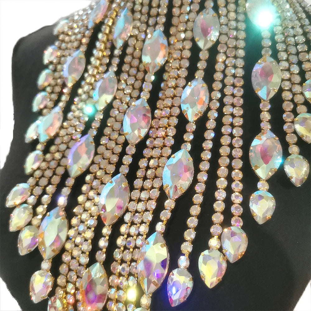 Rhinestone Crystal Long Fringe Tassel Necklace
