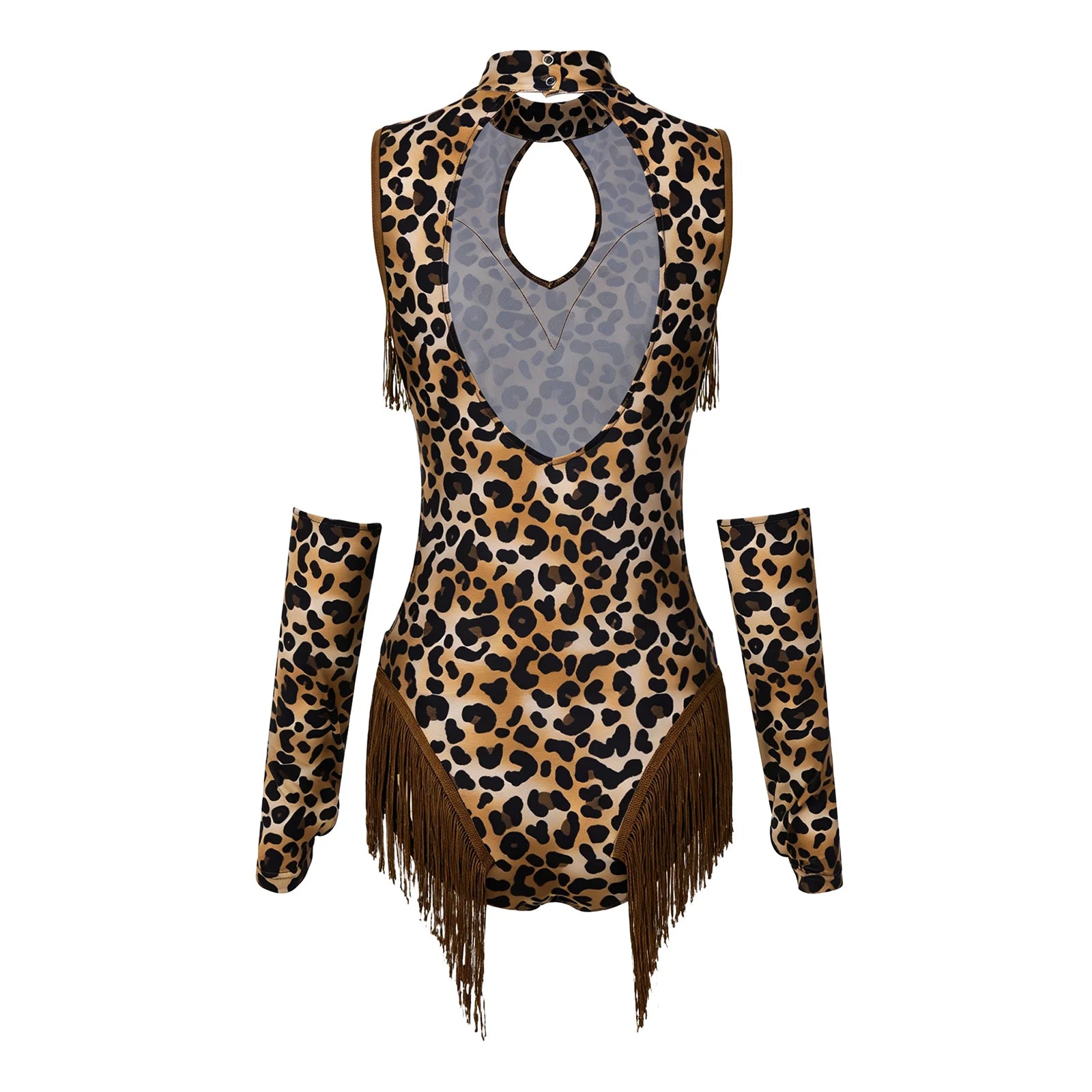 Leopard Cutout Bodysuit & Fringe Sleeves 2-Piece Latin Ballroom Stage Costume Set
