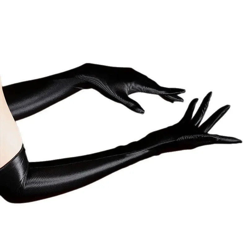 80D Satin Shiny Five Finger Gloves Stage Performance Unisex Gloves High Elastic Long Gloves Party Sun protection Driving Gloves