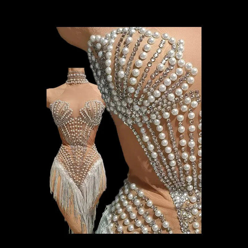 The Stardust Diamond Scallop Bodysuit – Luxury Rhinestone & Tassel Showgirl Costume