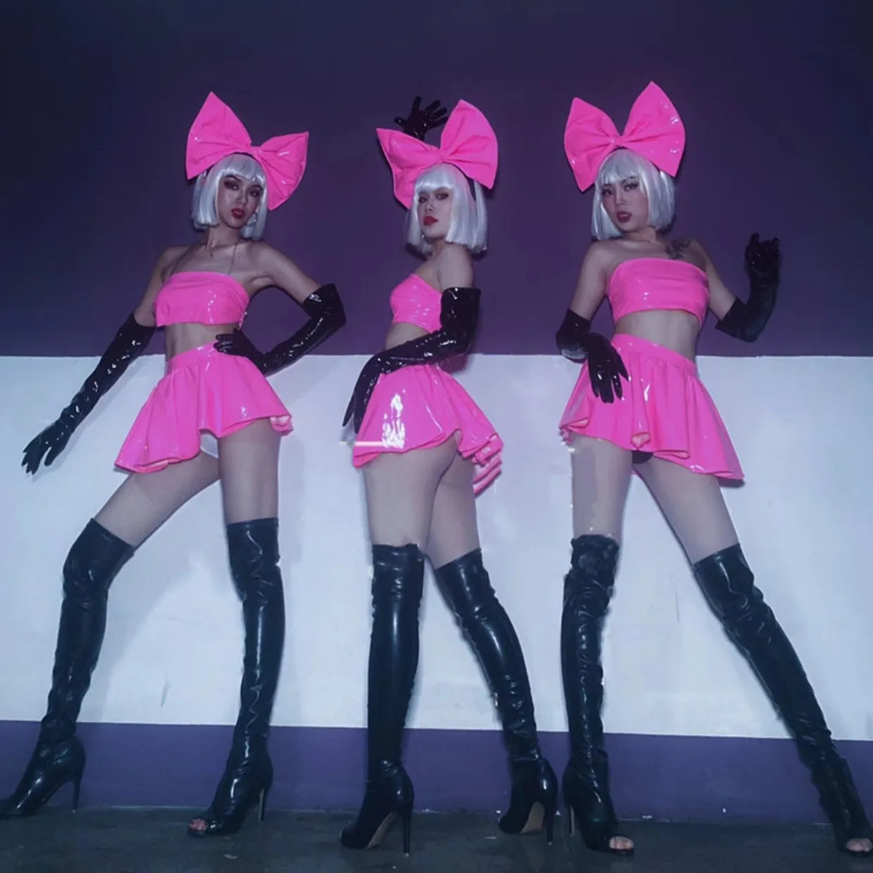 Patent Leather Bow Bralette, Pleated Mini Skirt & Headband 3-Piece Stage Dance Costume Set