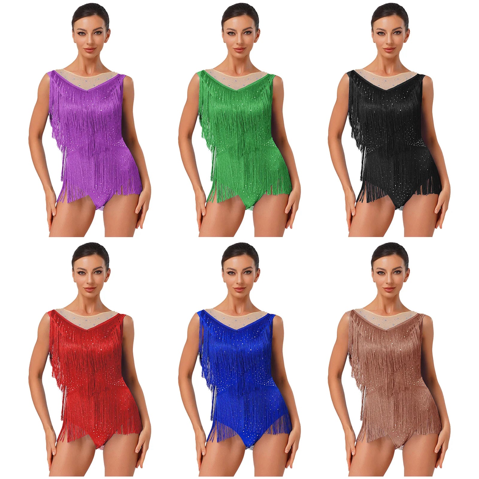 Sparkly Rhinestone & Tassel Fringe Latin Dance Leotard Crew Neck Bodysuit