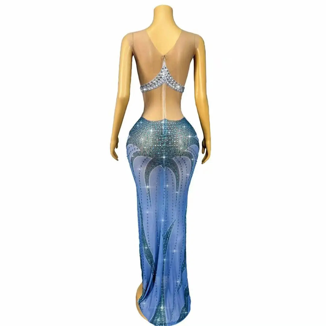 Women's Rhinestone Trim Fit Maxi Dress | Shining Body-Con Gown for Birthday, Wedding & Red Carpet