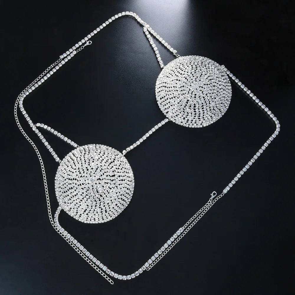 Dazzling Round Rhinestone Chest Chain & Statement Bra Body Jewelry