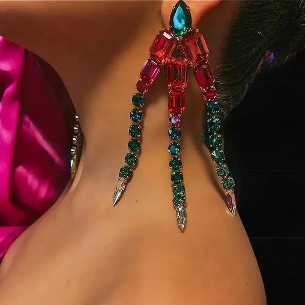 Oversized Colorful Crystal Rhinestone Long Tassel Earrings Drag Queen Stage Jewelry