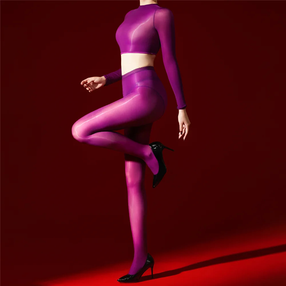 Sexy Women 5D 912 Pin Oil Glossy Shiny Short Top Elastic T-shirt Sheer See Through Maid Tights Crop Tops Yoga Street Wear