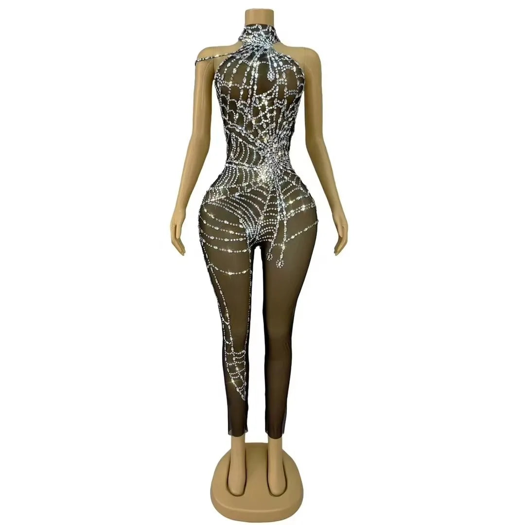 Black Mesh Rhinestones Jumpsuit Women Singer Nightclub Bar Concert Performance Transparent Rompers Stage Costume