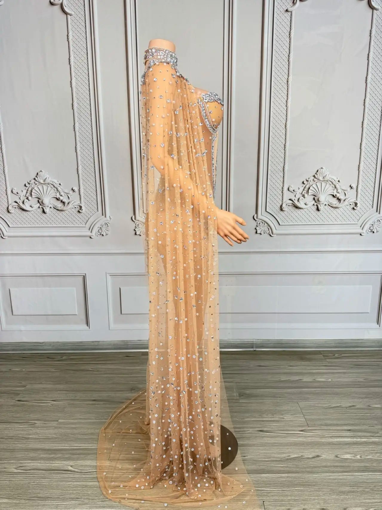 Sparkly Rhinestone & Pearl Mesh Evening Gown with Cloak Sleeves Stage Costume
