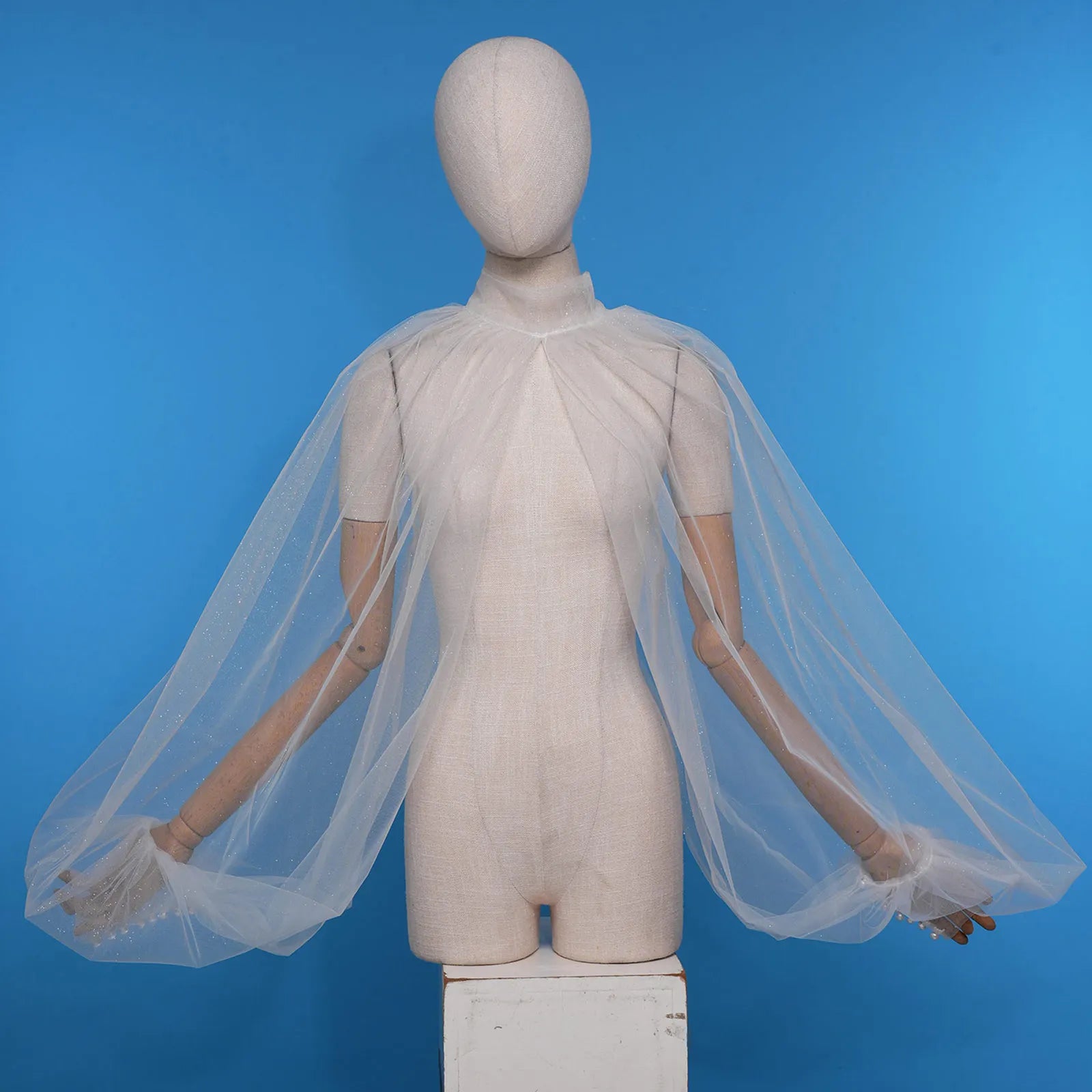 Shimmering Mesh Lantern Sleeve Bolero Shrug & See-Through Mock Neck Top