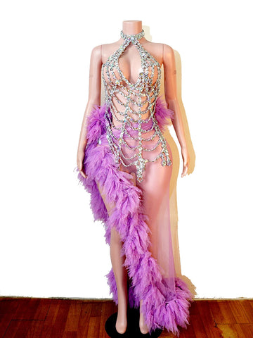 Purple Spiderweb Rhinestone Halter Bodysuit & Trailing Ruffle Tulle Skirt 2-Piece Stage Costume Set