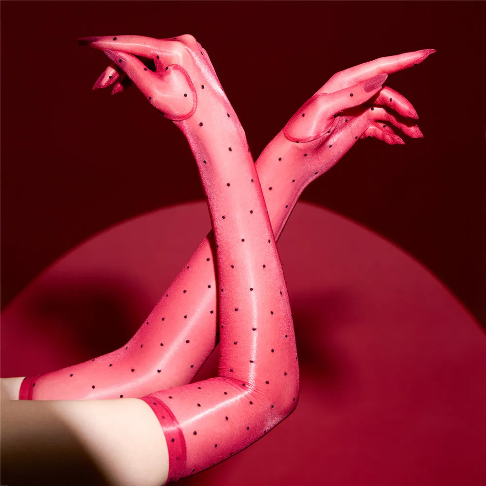 Sexy Women 1D Dot Ultra Thin Five Finger Long Glove Oil Shiny Glossy Sun Protection Glove Elastic Party Wedding Luxury Glove