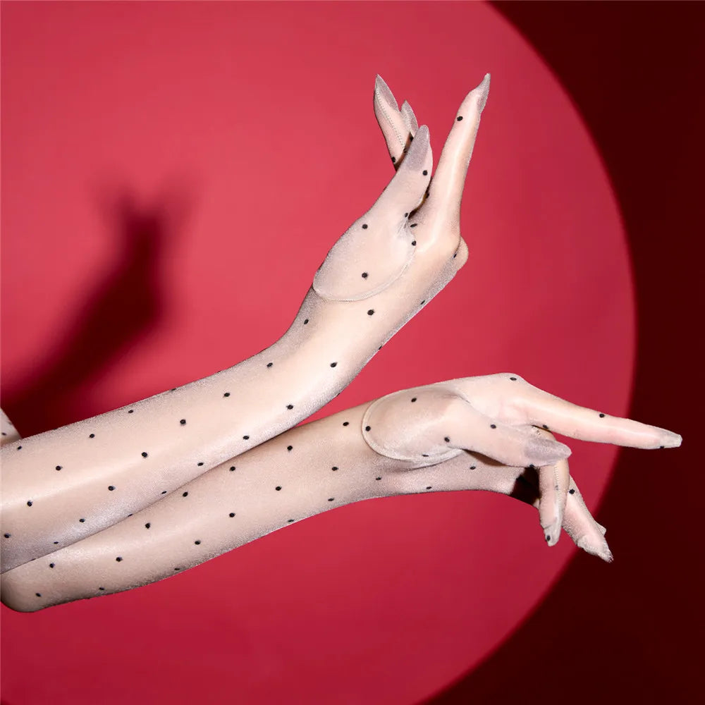 Sexy Women 1D Dot Ultra Thin Five Finger Long Glove Oil Shiny Glossy Sun Protection Glove Elastic Party Wedding Luxury Glove