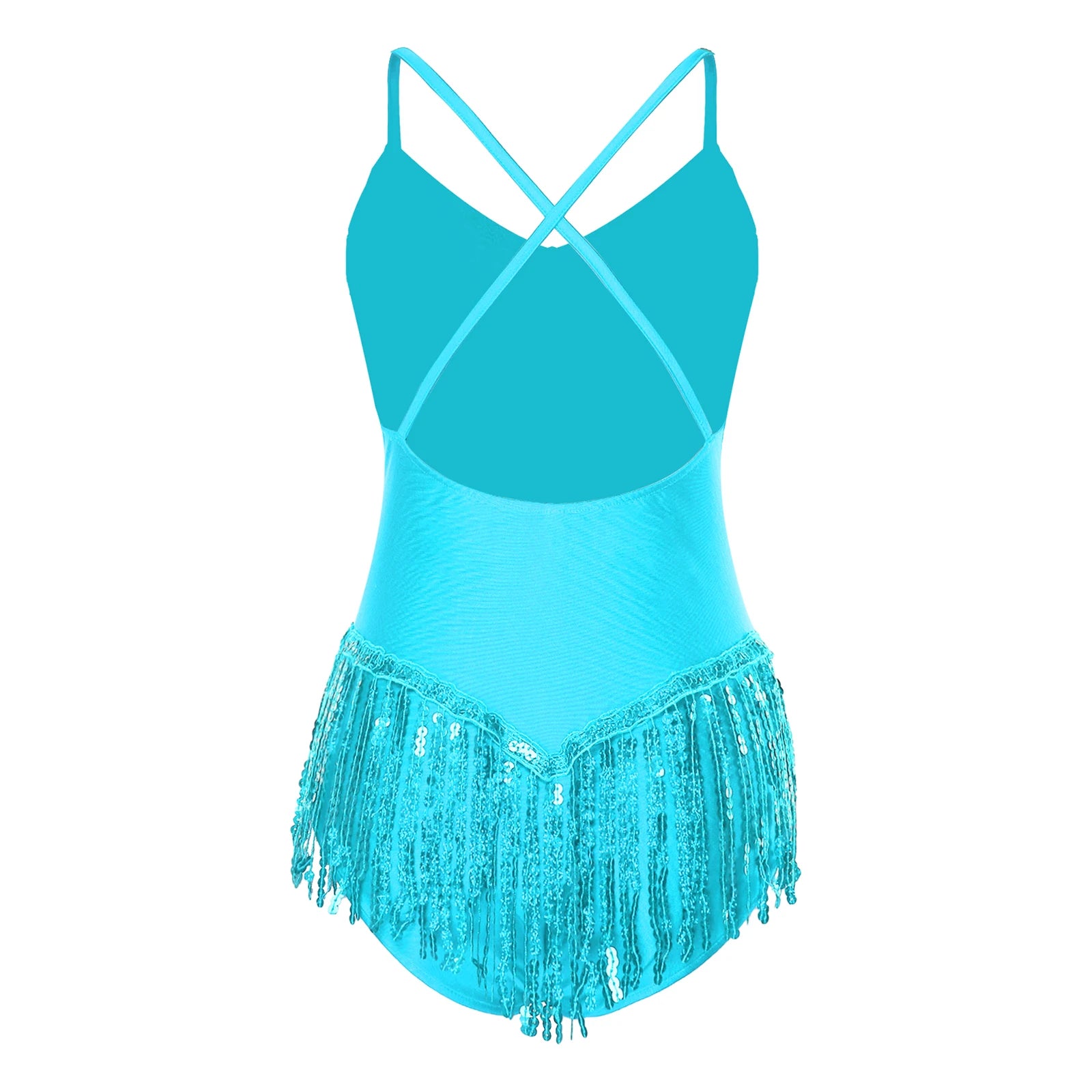 Sequins Fringed Cross Back Latin Dance Leotard Sleeveless V-Neck Bodysuit