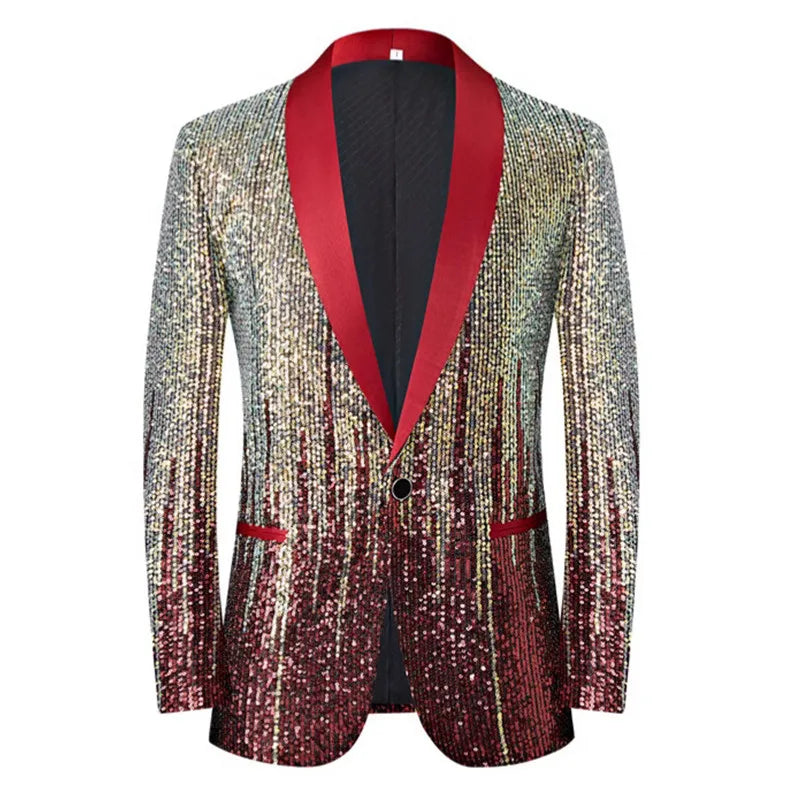 Men's Luxury Gradient Sequin Blazer Shawl Lapel Formal Stage Tuxedo Jacket