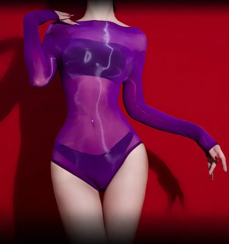Sexy Women 5D 912 PIN Oil Glossy Shiny High Cut Bodysuit Sheer See Through Yoag Shapping Tight Stain Smooth Elastic Maid Leotard