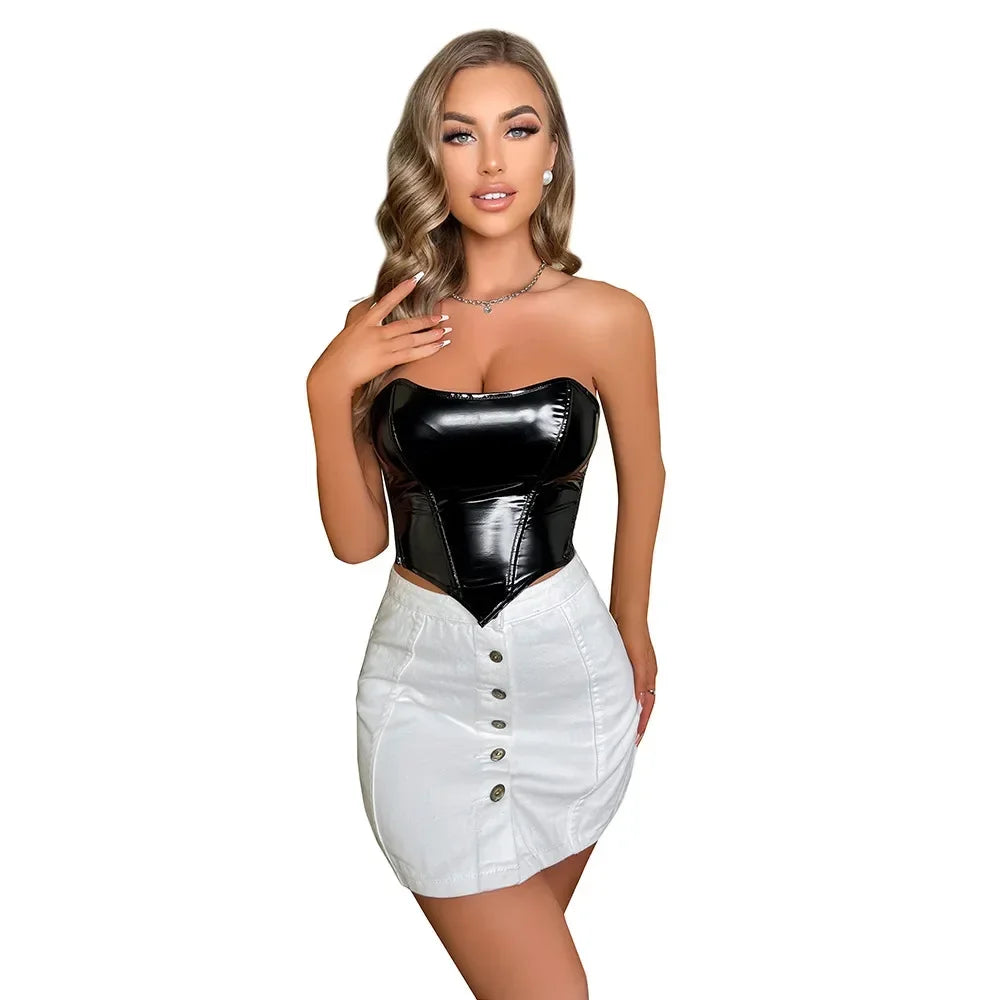 Shiny PVC PU Leather Bustier Corset Crop Top Body Shaper Vest