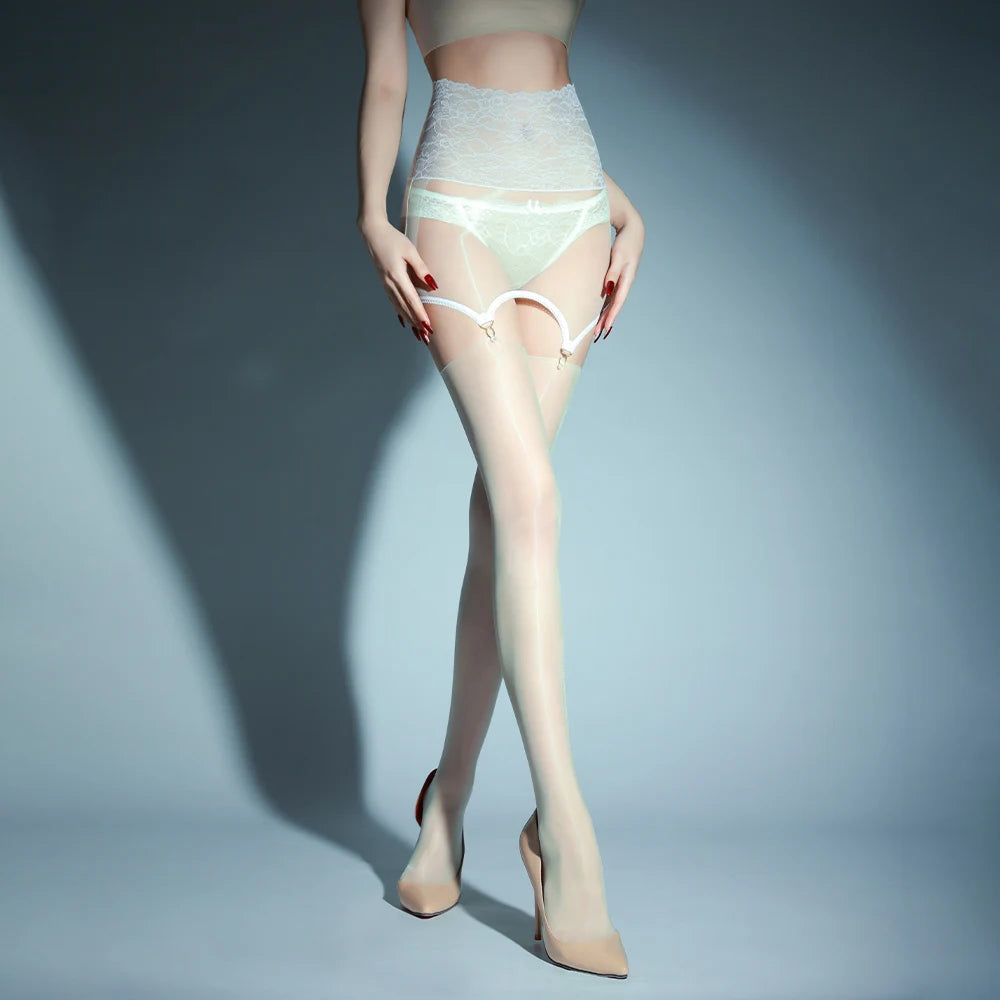 2-in-1 Oil Glossy 1D Sheer Garter Stockings with Lace Package Hip Skirt Tights Set